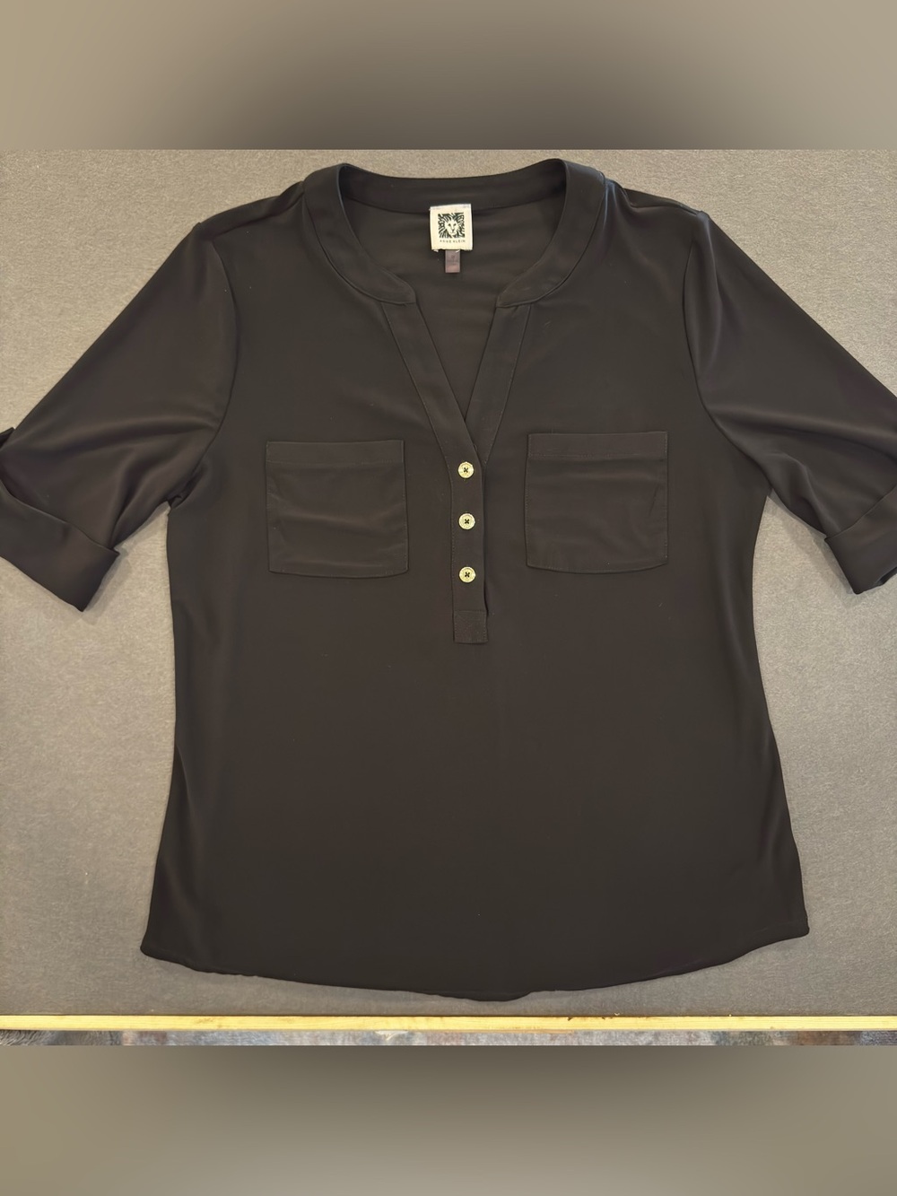 Anne Klein Black Split-Neck Pocket Blouse